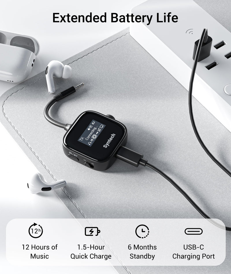 [AUSTRALIA] - Syntech Airplane Bluetooth Transmitter Receiver 5.4 Adapter for 2 AirPods or Wireless Headphones, HD Display Low Latency 3.5mm AUX Jack Bluetooth Audio Adapter for Flying, TV, Car, Gym, Home Stereo Black 