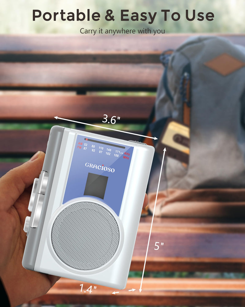 [AUSTRALIA] - Gracioso Protable Cassette Recorder Player: AM FM Compact Cassette Tape Player with Big Speaker & Earphone Jack, Build in Microphone,Cassette Player Powered by DC or AA Battery Sliver 