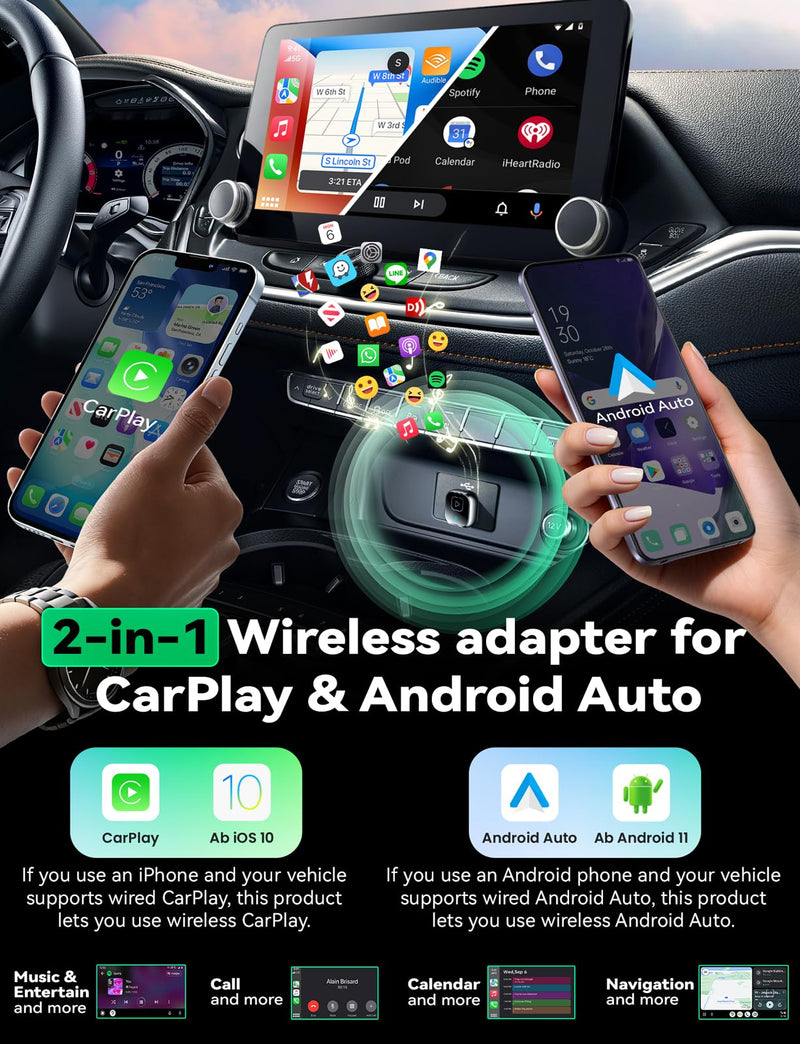 Wireless Carplay & Android Auto Adapter, Metal Design Mini & Stable 2-in-1 Dongle, Convert Vehicle's Wired CarPlay/AA to Wireless, for iOS 10+/Android 11+ & Cars from 2016 pearl gunmetal
