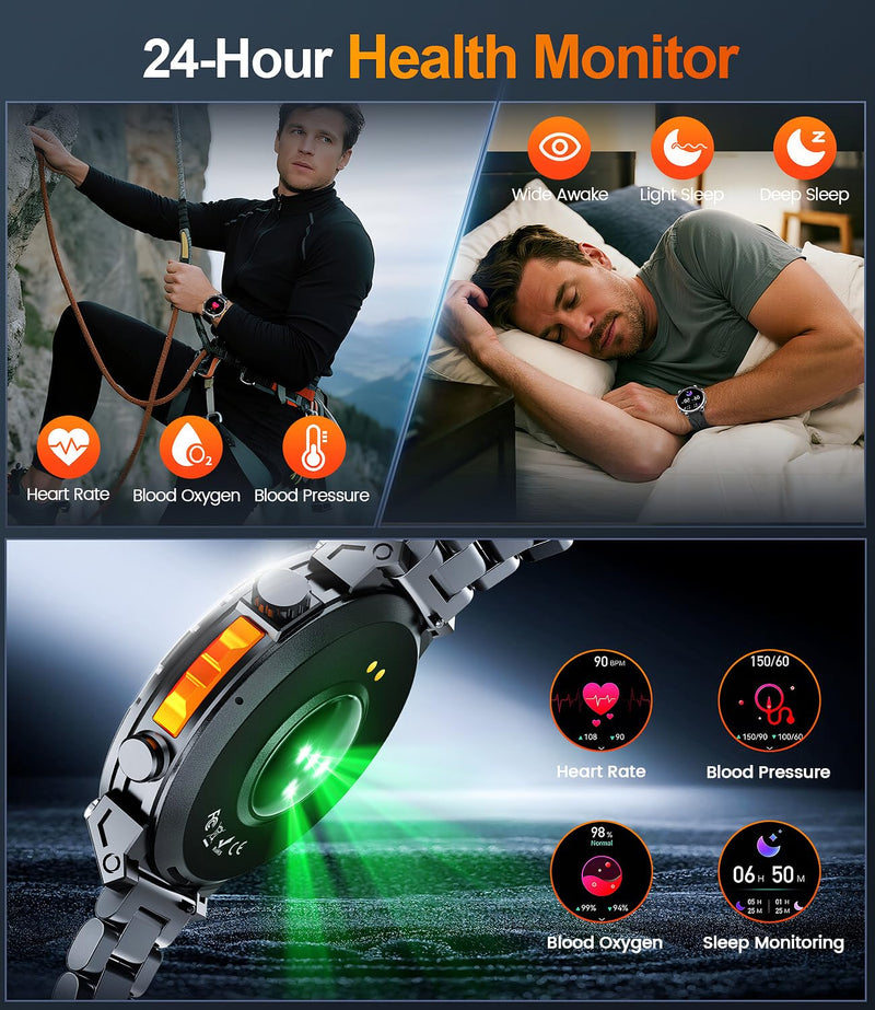 Military Smart Watches for Men GPS, 1.56" AMOLED Screen Bluetooth Call, Smartwatch for Android Phones and iPhone, 100+ Sport Modes, 3ATM Waterproof Smart Watch with Compass Black & Orange