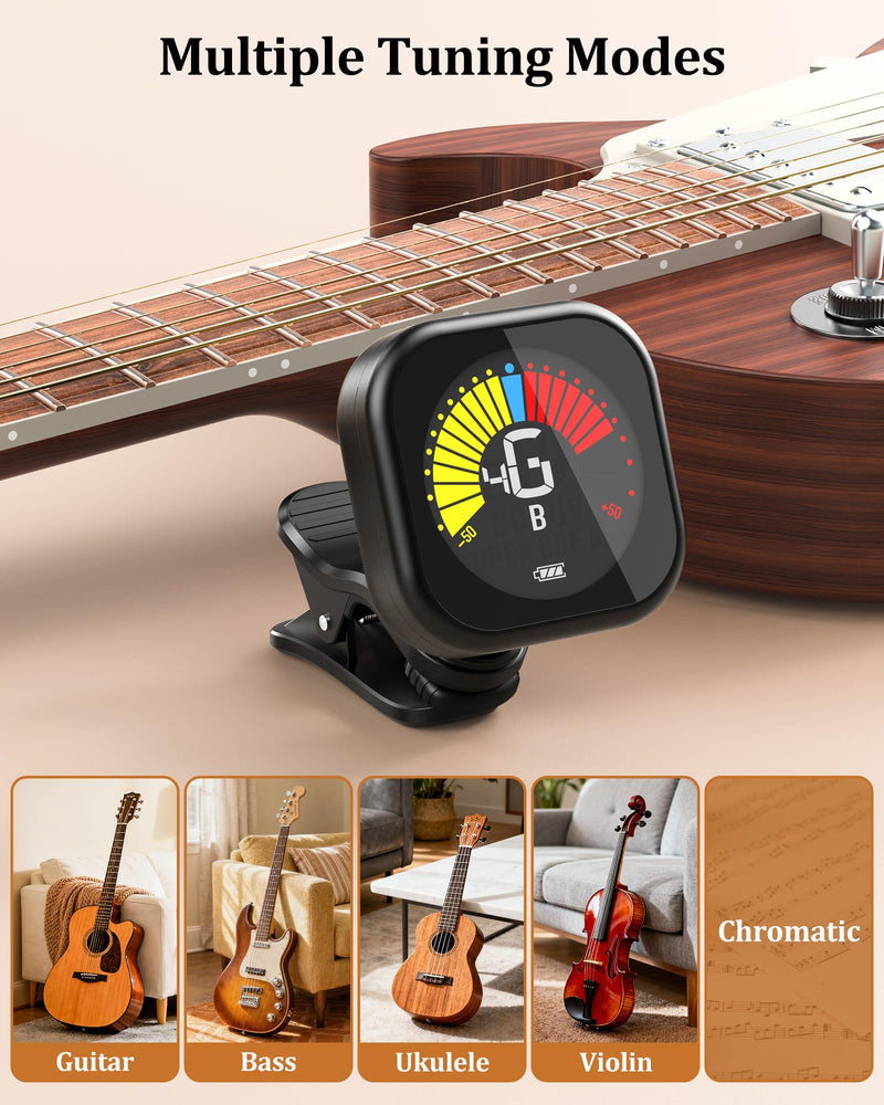 [AUSTRALIA] - New Bee Guitar Tuner Clip-On Rechargeable with Color Screen 360° Rotatable Acoustic Chromatic Open Tuning for Guitar, Bass, Ukulele, Violin, Cello(Black, 1 Pack) Black 