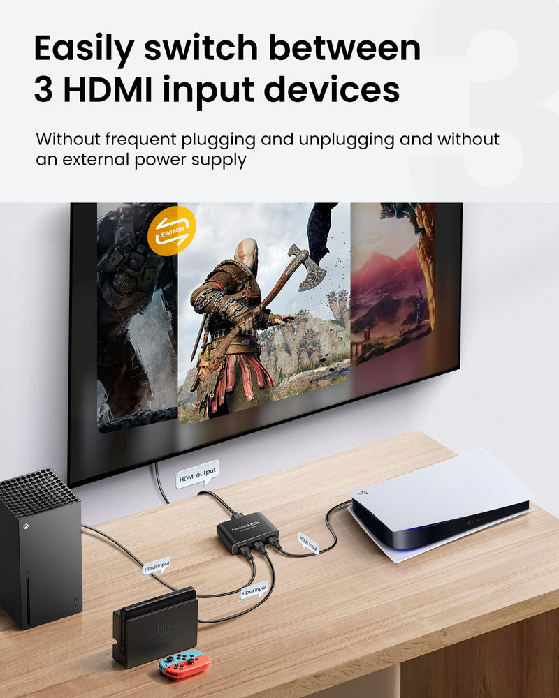 [AUSTRALIA] - HDMI Switch 3-Port 4K@60Hz Aluminum Alloy[with 4FT HDMI 2.0 Cable], avedio links 4K HDMI Switcher, 3 Way HDMI Selector Switch, HDMI Switch 3 in 1 Out Support HDCP 2.2, HDR 10, for PS5, PS4 (Black) Aluminum Alloy 4K@60Hz 3x1 Black 