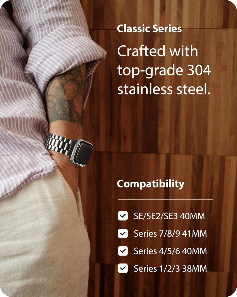 Fullmosa Compatible Apple Watch Stainless Steel Band with Case 38mm 40mm 41mm Silver & Compatible Apple Watch Silicone Rubber Band 40mm with Screen Protector,Black