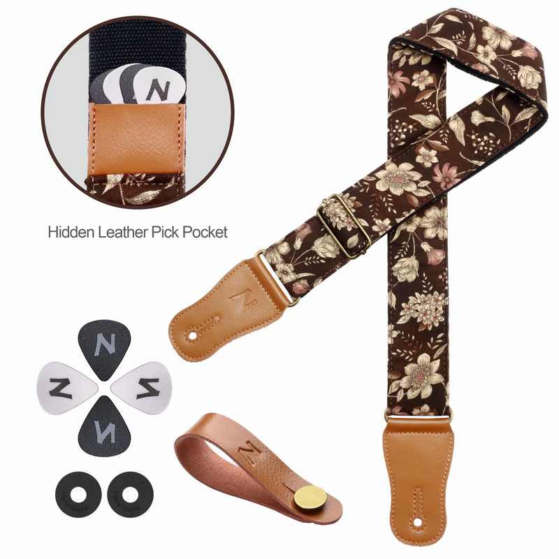 Nefelibata Cotton Guitar Strap for Acoustic Guitar, Ukulele, Headstock Strap Adapter, Guitar Picks and Strap Locks Adjustable from 38" to 64" E# - Pomegranate Flower