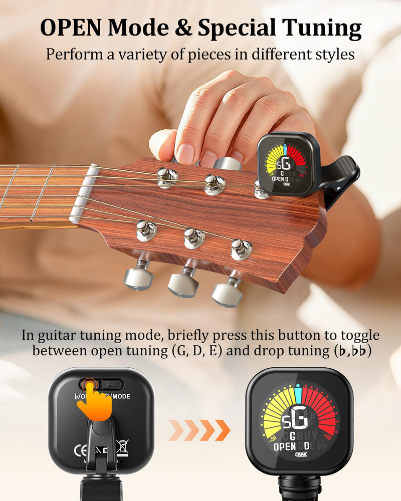 [AUSTRALIA] - New Bee Guitar Tuner Clip-On Rechargeable with Color Screen 360° Rotatable Acoustic Chromatic Open Tuning for Guitar, Bass, Ukulele, Violin, Cello(Black, 1 Pack) Black 