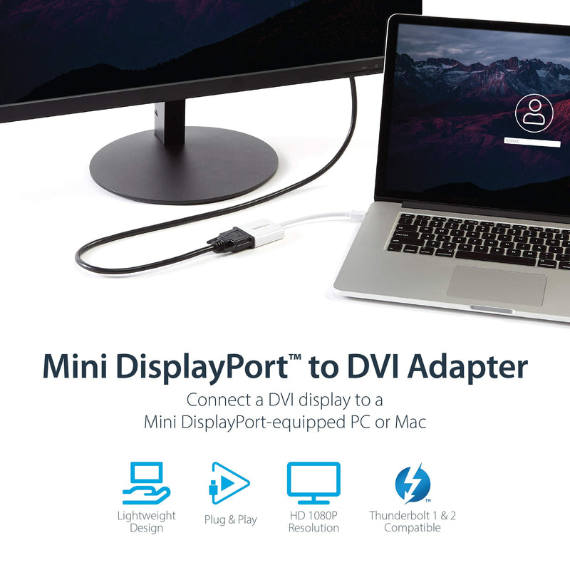 StarTech.com Mini DisplayPort to DVI Adapter - Mini DP to DVI-D Converter - 1080p Video - mDP or Thunderbolt 1/2 Mac/PC to DVI Monitor - mDP 1.2 to DVI Single-Link Adapter Dongle - White (MDP2DVIW)