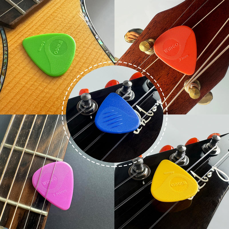 WINGO Guitar Picks with Grip Stamped, Non Slip Picks 5 Pack (073, 088, 1.0, 1.25, 1.5mm) for Acoustic Electric Guitar Bass Multicolor