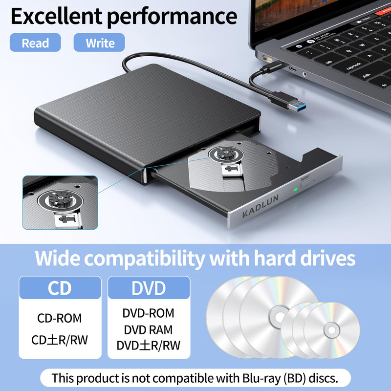 [AUSTRALIA] - External CD DVD Drive for Laptop USB 3.0 USB C CD Burner External DVD Drive Portable CD ROM Burner Reader Writer Drive External DVD Player for Laptop Desktop PC Windows 11/10/8/7 MacBook Mac OS Linux black-2 in 1 