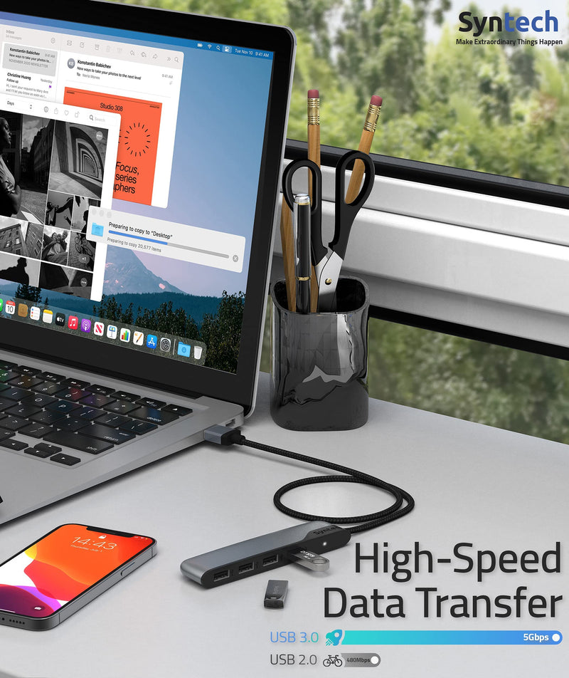 USB Hub Syntech 4-Ports USB Hub 3.0 with 2ft Extended Cable, USB Splitter with a USB C to USB Adapter, Compatible with MacBook Pro 2021, Mac Pro/Mini, iMac, ASUS, Chromebook, Dell, Surface Pro, etc.