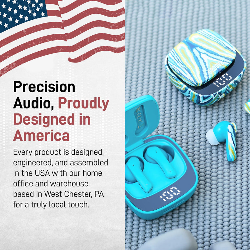 Groovz True Wireless Earbuds with Charging Case - Designed and Engineered in The USA - IPx4 Water Resistant Bluetooth Earbuds Compatible with Apple and Android - 27Hrs Battery Life - Peacock