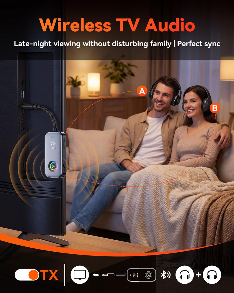[AUSTRALIA] - 2026 Model 2-in-1 Bluetooth Transmitter Receiver, Low Latency Dual Link Audio Adapter with Battery Display/Built-in Mic, Compatible with TV/PC/Home Stereo/Car/Airplane 