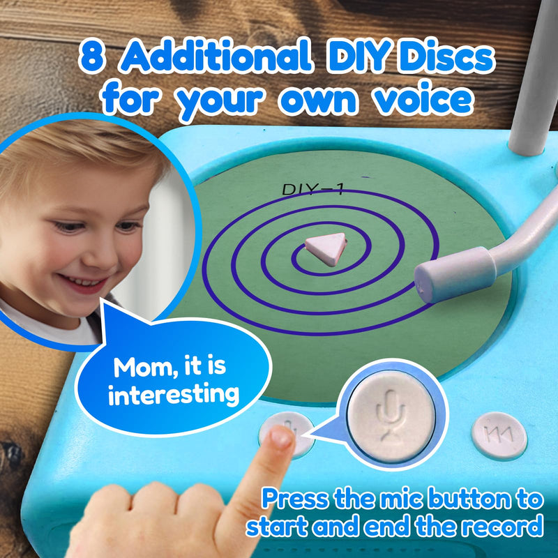 [AUSTRALIA] - Record Music Player for Kids - Toddler Phonograph with 96 Audio Tracks, 8 Recordable DIY Discs, Bluetooth Story Music Speaker Machine, Bedtime Dream Gift for Boys Girls 3-12 Classroom School (Blue) Blue 