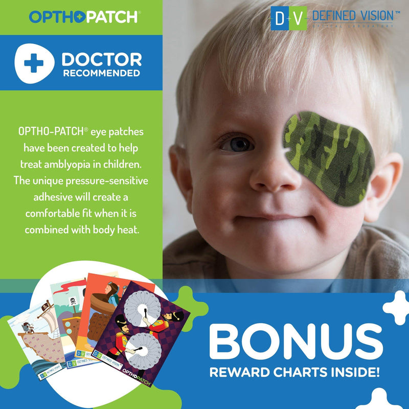 OPTHOPATCH Kids Eye Patches - Fun Boys Design [Series I] - 90 + 10 Bonus Latex Free Hypoallergenic Cotton Adhesive Bandages for Amblyopia and Cross Eye - 3 Reward Chart Posters by Defined Vision