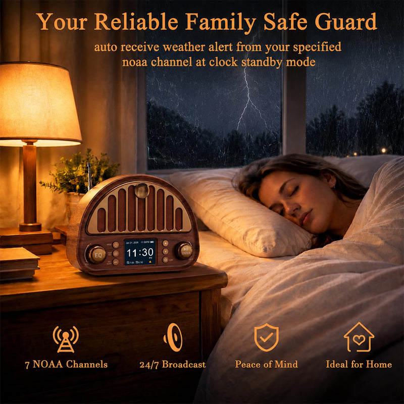 Eoxsmile Retro Portable FM Radio with NOAA Weather Alert & Bluetooth | MicroSD playback, 40 presets, dual alarms, sleep timer, clock/date display, 3000mAh rechargeable battery for bedroom and home