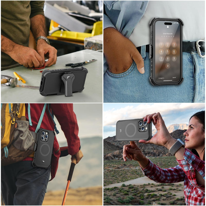 M MYBAT PRO Maverick Series for iPhone 15 Pro Max Case with Belt Clip Holster,[Compatible with Magsafe] w/Screen Protector,Anti-Drop,Shockproof,with 360°Rotating Kickstand,Heavy Duty Protection Black