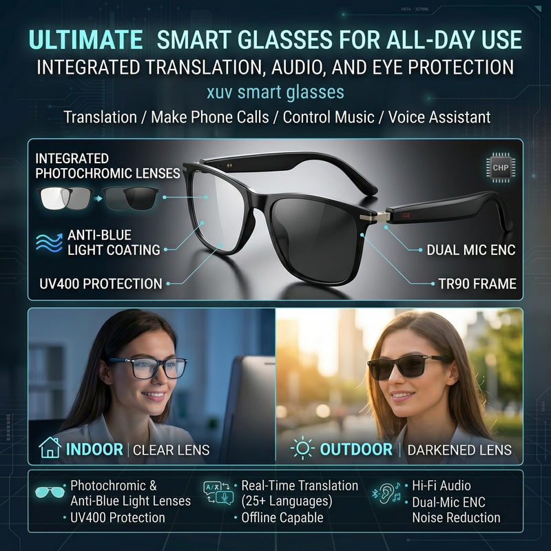 XUV Smart Glasses for Men, IP65 Waterproof Al Translator Glasses with Lightweight Open, Real-Time Translation, Recording Glasses for Travel, Sports, Outdoor and Hands-Free Daily Use Black Pro