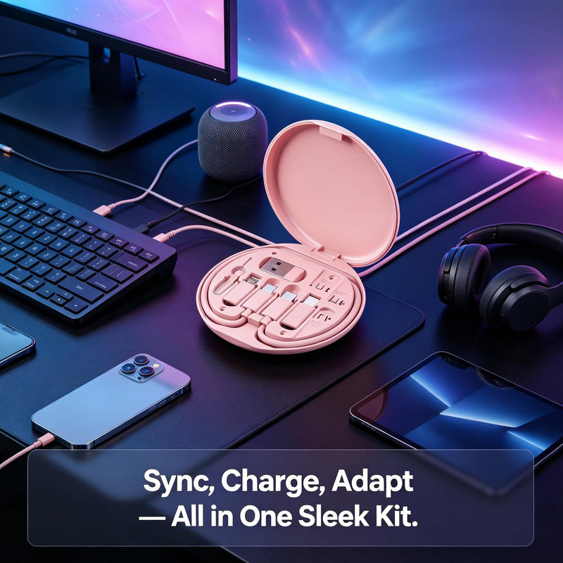 5 in 1 Cable Organizer Box Portable Storage Case for USB Cables Earphones Memory Cards SD Cards Power Bank Pink