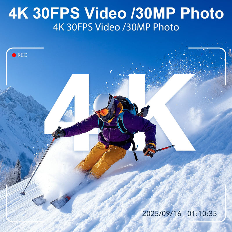 4K Action Camera with 64GB Card 30MP EIS WiFi 131FT Waterproof | 170° wide-angle, 5X zoom, remote control. For biking, snorkeling, helmet. Up to 256GB.2 rechargeable batteries.