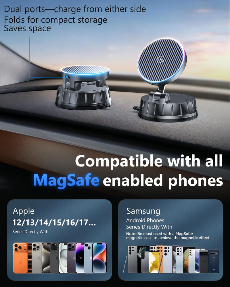 15W MagSafe Car Charger Mount, Magnetic Wireless Car Phone Holder with Dual Input Port, Vacuum Suction & Nano Adhesive Base, 360° Rotation Stable Car Charging Stand for iPhone 12-17, Samsung S26