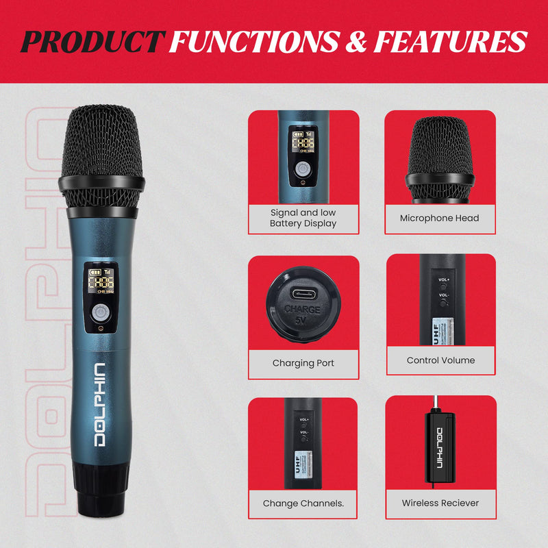 Dolphin MCX11 UHF Wireless Microphone for Karaoke, Singing, PA, Parties, Events, All-Metal, DSP, Long Range | Rechargeable, 50 Channels, Anti-Interference (Blue) Blue