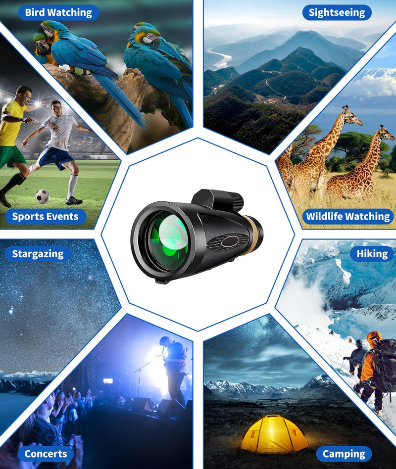 Monocular Telescope 80x100 High Power with Smartphone Adapter Tripod,Larger Vision Monoculars for Adults with BAK4 Prism & FMC Lens, Suitable for Bird Watching Hunting Hiking Camping Wildlife-Black Black