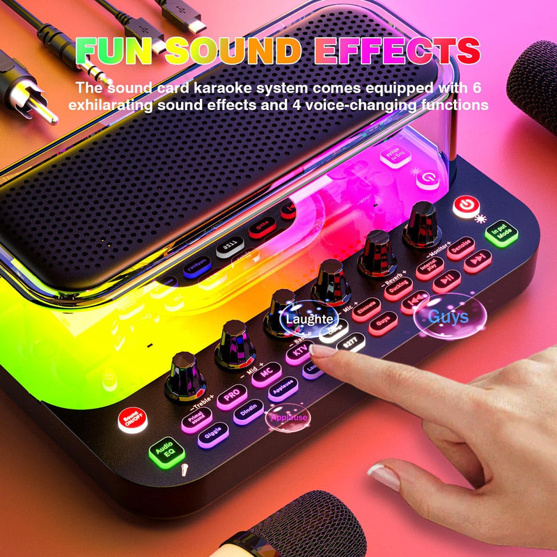 SY11 Portable Live Streaming Sound Card Mixer, Mini Bluetooth Karaoke Machine w/ 2 Wireless Microphone, RGB Lights & Voice Change Sound Effects, Easy Set up Bluetooth Audio Podcast Equipment for PS5 SY11