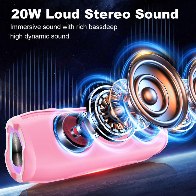 [AUSTRALIA] - Bluetooth Speakers, Portable Bluetooth Speaker Wireless with 20W Loud Stereo Sound, TWS Pairing, IPX6 Waterproof Shower Speakers, 36H Playtime, RGB Light Speaker, Built-in Radio Mode Light Pink 