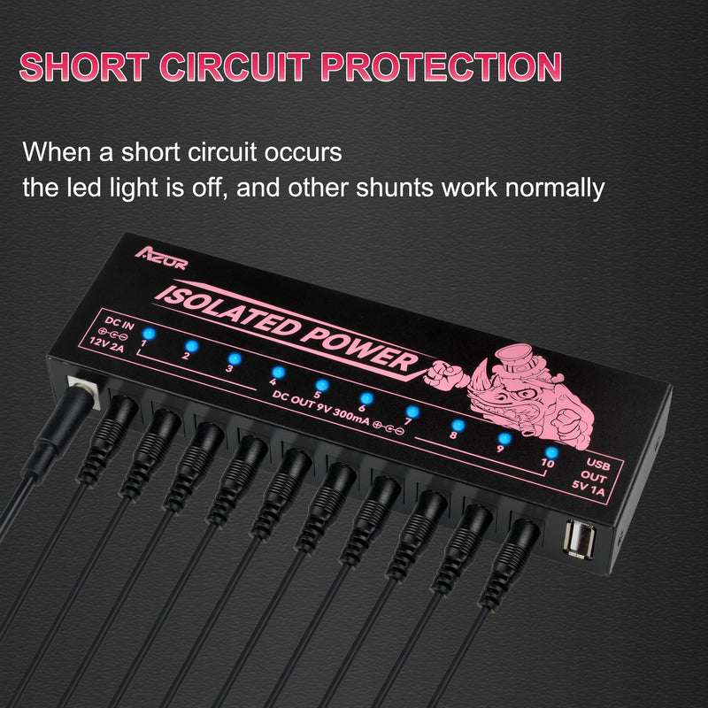 AZOR Professional 12v power supply for guitar pedals with 10 isolated Outputs - 9v power supply Compatible, Overcurrent Protection, low noise and Heat Dissipation