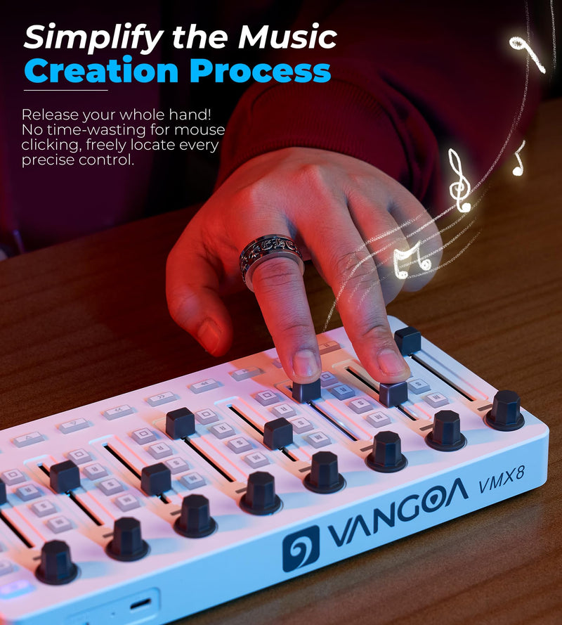 Vangoa Wireless Midi Controller Mixer Mute, Portable USB Midi Keyboard controlador Mixing Console 43 Backlit Button, 8 Channel Faders with LED indicator, 8 Assignable Endless Knobs for Daw, Mac, PC White Midi Mixer