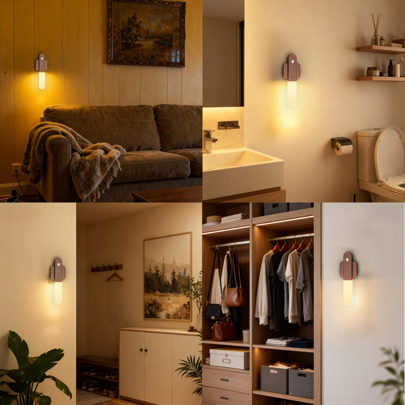 Battery Operated Motion Sensor Wall Sconces Set of 3, Motion Sensor Wall Light Wireless, Magnet Rechargeable LED Lights, Stairs Lights, Decor for Bedroom, Hallway, Living Room, Closet (Walnut Wood) Walnut Wood-3pcs（NEW）