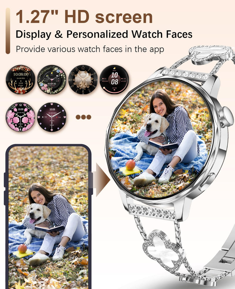 Smart Watch for Women 1.27" HD Touch Screen Fitness Watch,Bluetooth Call&Message Notifications Heart Rate/Sleep Monitor Smartwatch, IP68 Waterproof 100+ Sport Modes (Silver RT-220) Silver RT-220