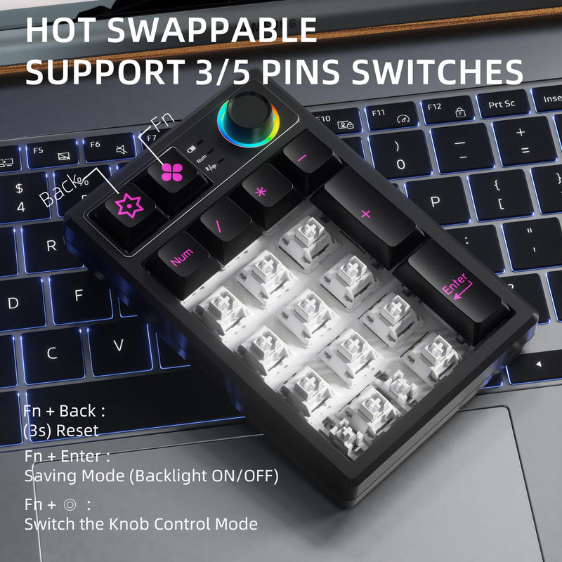 K19 Wireless Numeric Keyboard, Mechanical Number Keypad Hot-swappable Bluetooth Numpad 5.0/2.4GHz, RGB Multi-Function Knob Numerical Keyboard for Laptop Mac Win iOS Android Black