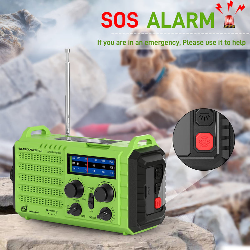 [AUSTRALIA] - Emergency Weather Radio – 18500mWh Portable AM/FM/SW/NOAA Radio with Solar Hand Crank, Rechargeable Battery, USB Charger, LED Flashlight, Reading Light, and SOS Alarm, for Home Outdoor (Green) Green 