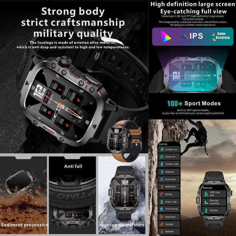 Military Smart Watch for Men(Answer/Dial Calls), 5ATM Waterproof Smartwatch Fitness Tracker for Android iPhone, 1.96" Activity Tracker with Heart Rate Sleep SpO2 Monitor, Calorie, 3 Straps (Brown) Brown