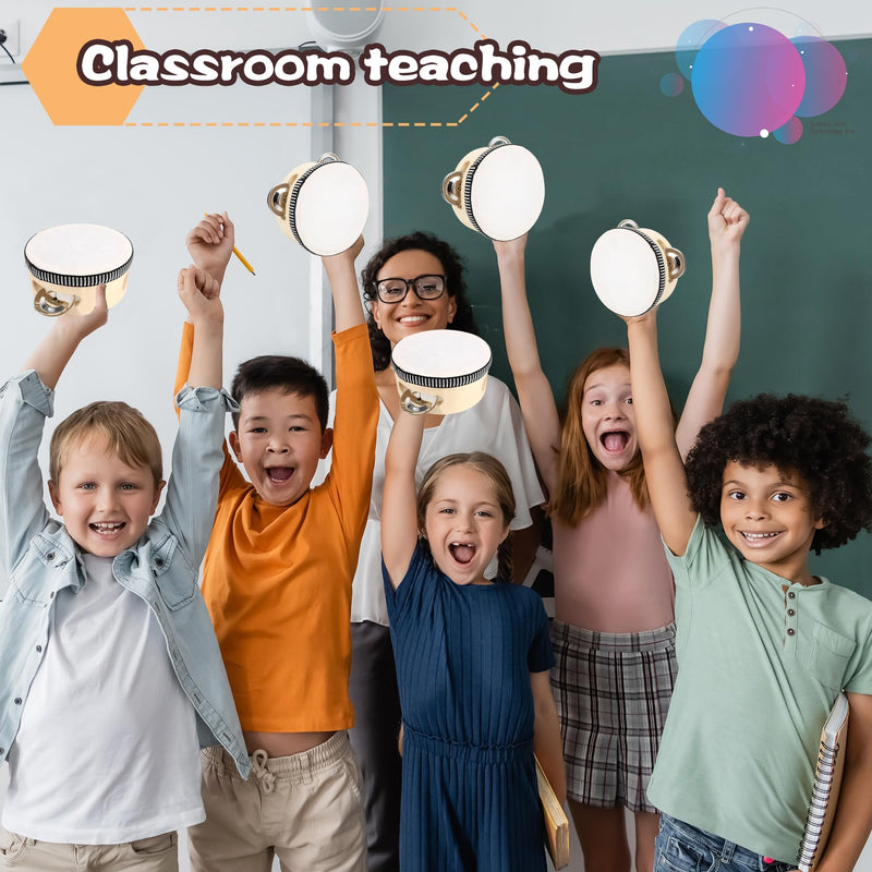 16 Pcs 4 Inch Adult Wedding Tambourines Drum Wooden Natural Handheld Drums Metal Jingles Drums Musical Instruments Percussion for Church Wedding Party Favor