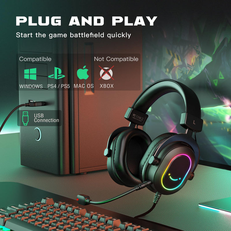 FIFINE Gaming Headset for PC-Wired Headphones with Microphone-7.1 Surround Sound Computer USB Headset for Laptop, Streaming Headphones on PS4/PS5, with EQ Mode, RGB, Soft Ear Pads - AmpliGame H6 Black
