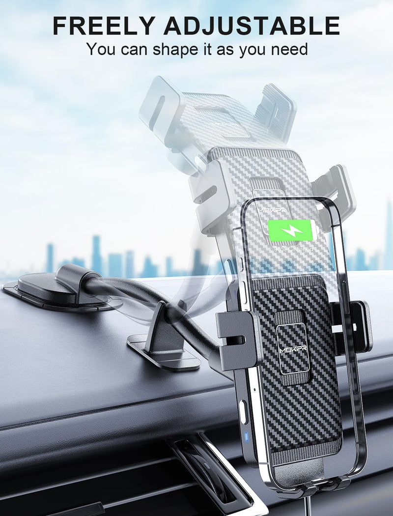 Wireless Car Charger Adjustable Gooseneck Dashboard Car Mount Fast Charging | [with Anti Shake stabilizer] Auto-Clamping Phone Holder fit for iPhone 17 16 15 14 13 12, Samsung S24 S23 S22, etc