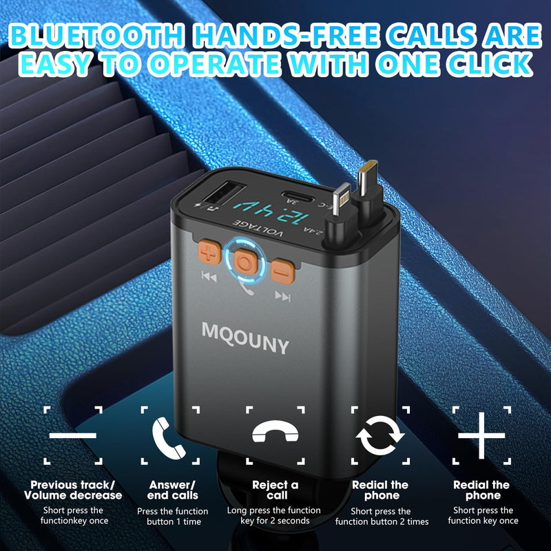 [AUSTRALIA] - Retractable Car Charger,5 in 1 Fast Cars Phone Charger 60w,Bluetooth 5.3 FM Transmitter Adapter,Handsfree Call,MP3 Player,2 Retractable Cables and USB Chargers, for Phone,Galaxy,Pixel (Black) Black 