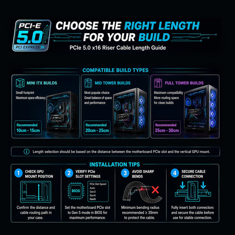 PCIe 5.0 x16 GPU Riser Cable 300mm, Up to 128GB/s High-Speed Extension Cable for Vertical GPU Mount, Supports RTX 50/40 Series & RX 9000/7000 Series, Backward Compatible with PCIe 4.0/3.0