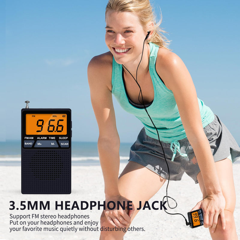 [AUSTRALIA] - AM FM Pocket Radio,Mini Portable Radio, Battery Operated by 2 AA Batteries with Stereo Earphone, Large Digital Display, Time Display, Digtal Alarm Clock (Black) black 