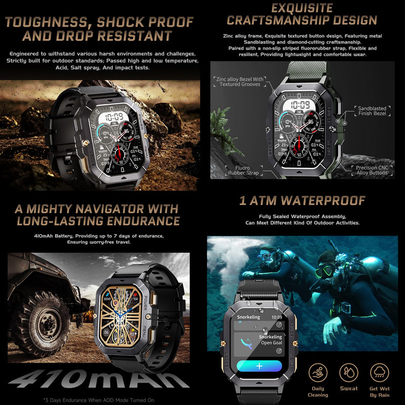 Military Smart Watch for Men(Answer/Make Calls), 2.02”AMOLED 5ATM Waterproof Smartwatch with Heart Rate/SpO2/Blood Pressure, 100+ Sports, Fitness Watch for Android iPhone, with 3 Watch Bands (Black) Black