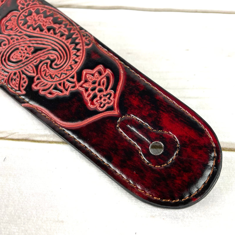 Walker & Williams GB-30 Handmade Fire Wine Red Padded Leather Guitar Strap with Vintage Paisley Pattern For Acoustic, Electric, And Bass Guitars