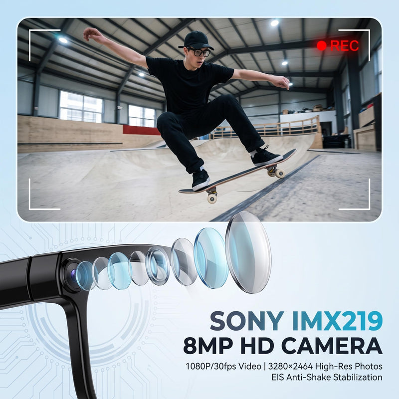 AI Smart Glasses with 8MP Camera, 6-Axis EIS 1200P Video Recording Sunglasses, Bluetooth 5.4 Open-Ear Audio with ChatGPT Translation for Cycling & Vlogging, 42g Lightweight Shiny Black02