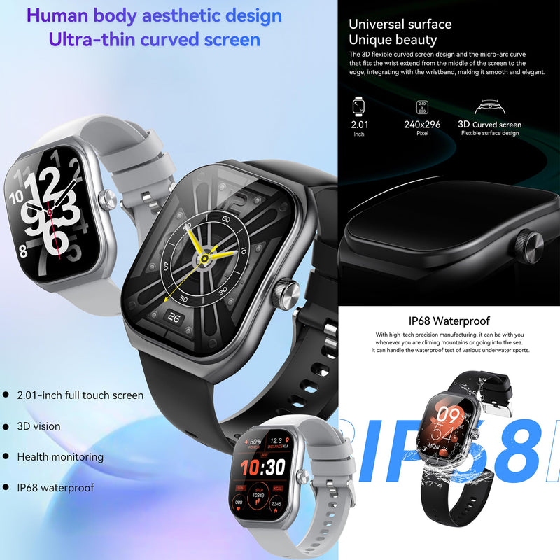 Smart Watches for Men(Answer/Make Call), 2.01" Curved Screen HD Fitness Tracker Watch with Blood Pressure/Heart Rate Monitor, SpO2, Fitness Watch for Men, Smart Watch for Android/iOS Phones (Silver)