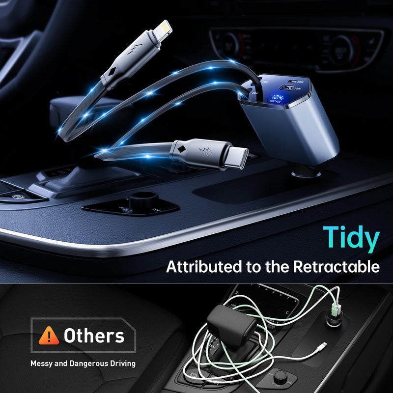 GUSGU 100W Retractable Car Charger, 4-in-1 Fast Car Phone Charger Featuring a 2.6ft Retractable Cord, with Lightning and USB-C Cable Car Charger Adapters, Compatible All Other Phone Models (Silver)