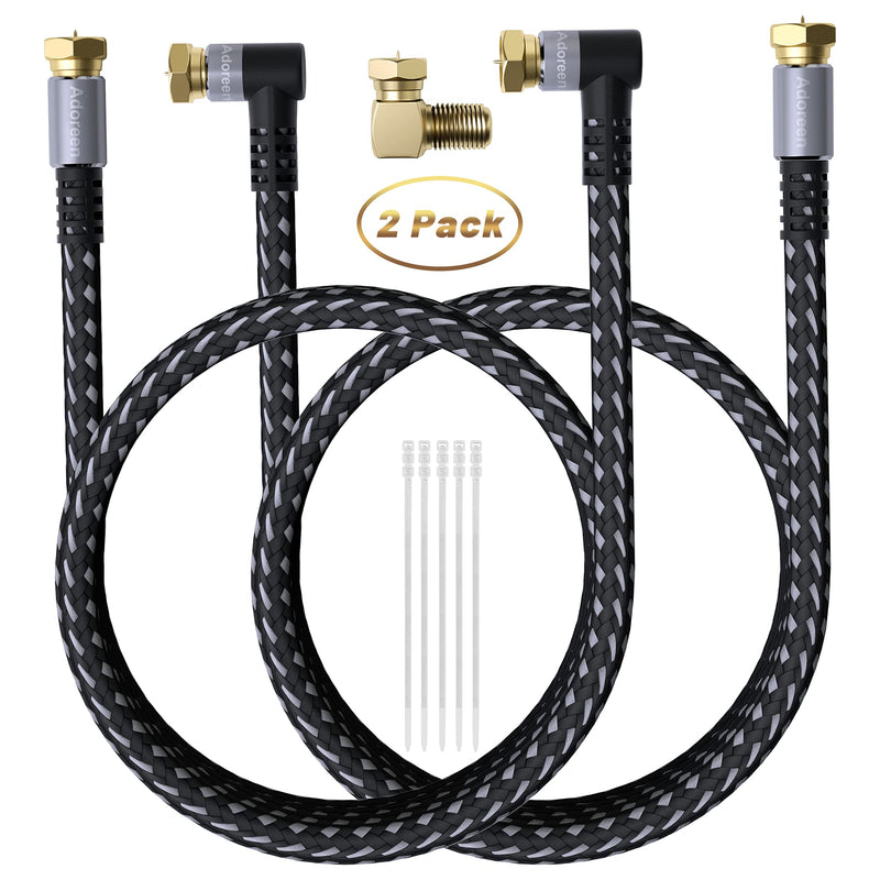 Coaxial Cable 1.5 ft-2 Pack-Right Angle Quad Shielded 90 Degree RG6 Coax Cable Cord, Male F Gold-Plated Nylon-Braided, in-Wall, Digital TV Aerial AV with Angled Male to Female Adapter+15 Ties 1.5ft-2PK Angled to Straight