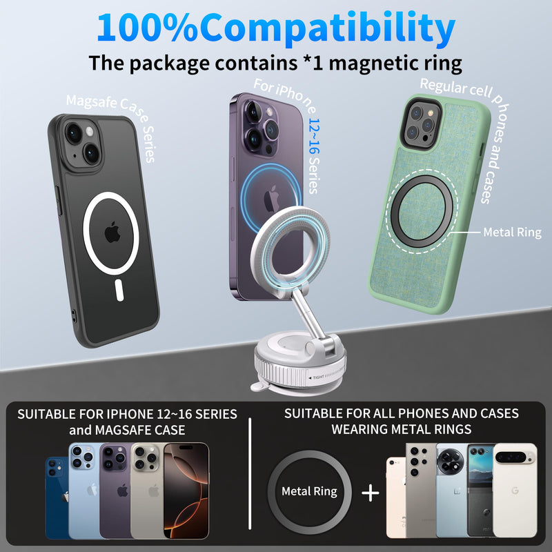 Phone Holders for Your Car, 24 Built-in Strong Magnets & Swivel Suction Cup, Vacuum Suction with Twist-Button Release, Foldable & Reusable for MagSafe & Magnetic Cases, White Stand type - white