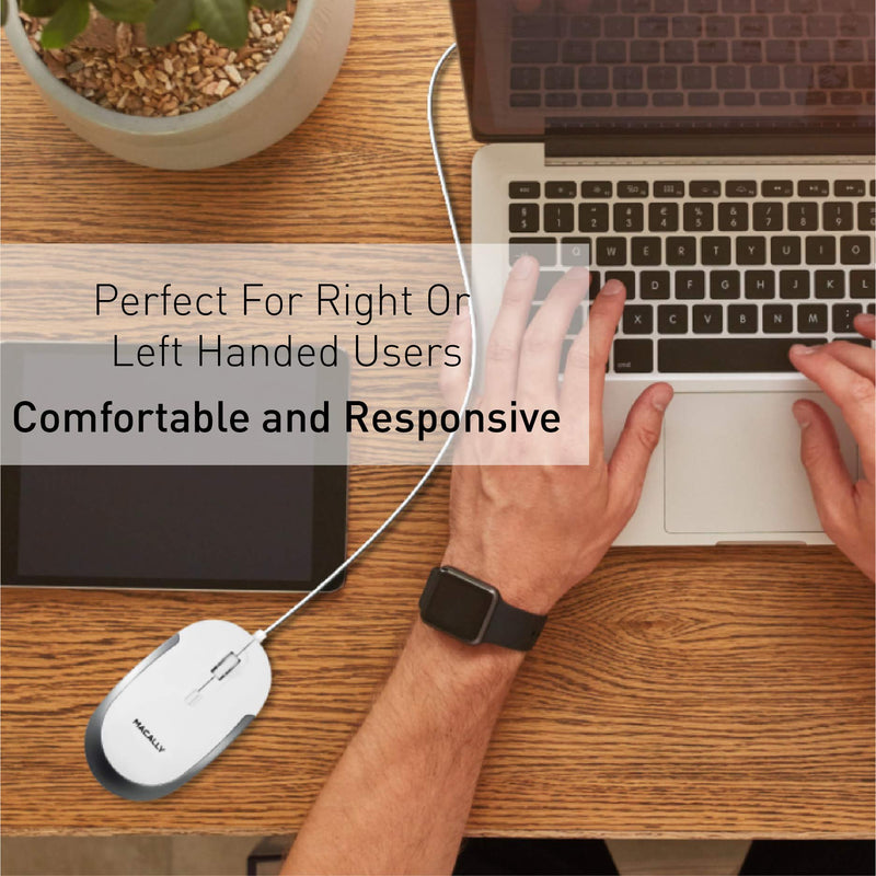 Macally Silent Wired Mouse - Slim & Compact USB Mouse for Laptop/Desktop Windows PC or Apple Mac - Designed with Optical Sensor & DPI Switch - Simple & Comfortable Wired Computer Mouse (White) White with Silver Trim