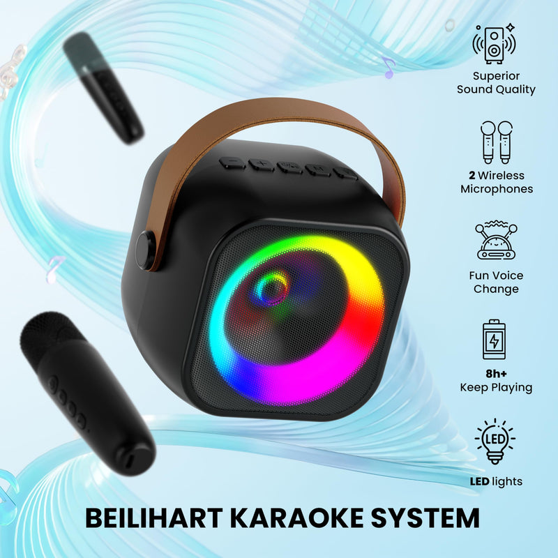 Mini Karaoke Machine, Portable Bluetooth Karaoke Speaker with 2 Wireless Microphones and Party Lights for Kids and Adults, Birthday Gifts for Girls Boys Family Home Party Black 2 Mics