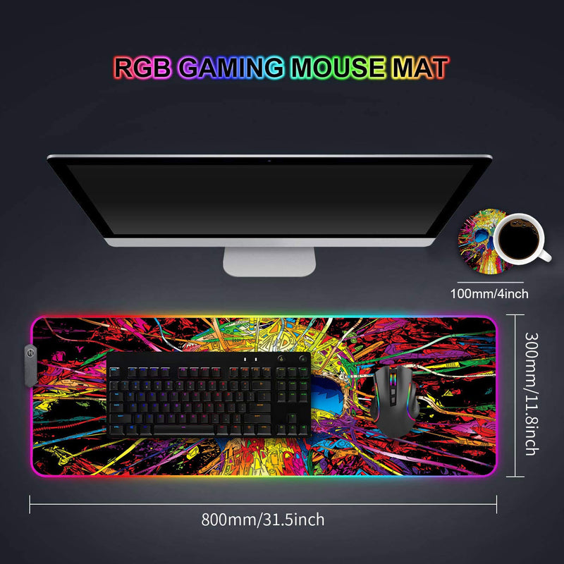 Luasao RGB Gaming Mouse Pad with Coffee Coaster, Color Skull Design XXL Large Glowing LED Mousepad, Anti-Slip Rubber Base, Computer Keyboard Desk Mouse Mat 31.5 X 11.8 Inch